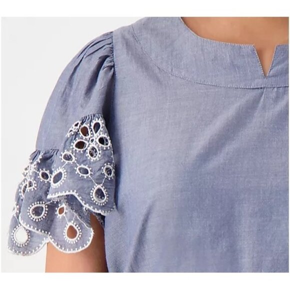 Isaac Mizrahi Live Cotton Lawn Split Neck Embroidered Blouse Womens 3X Chambray - Picture 3 of 11